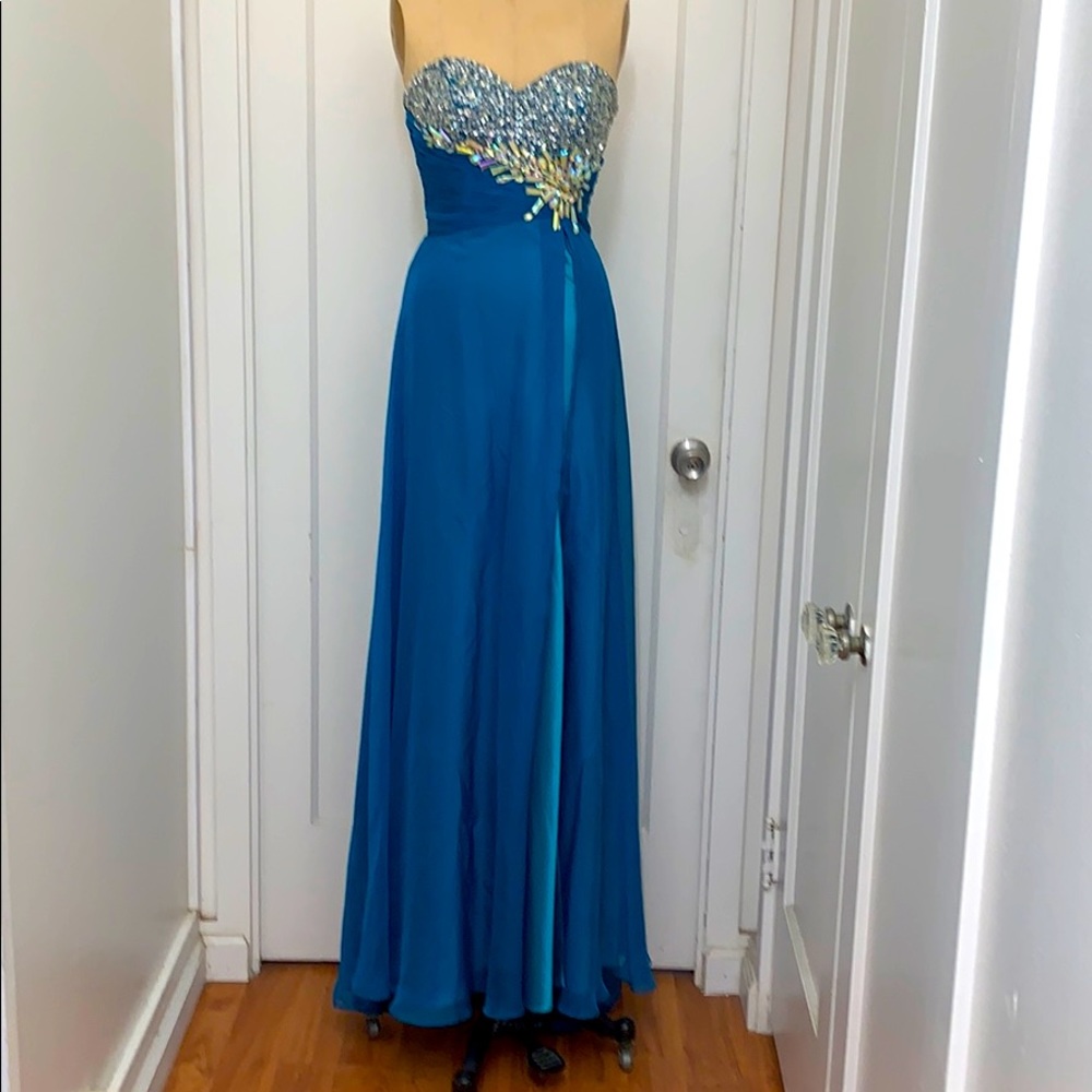 Peacock colored strapless Mac Duggal